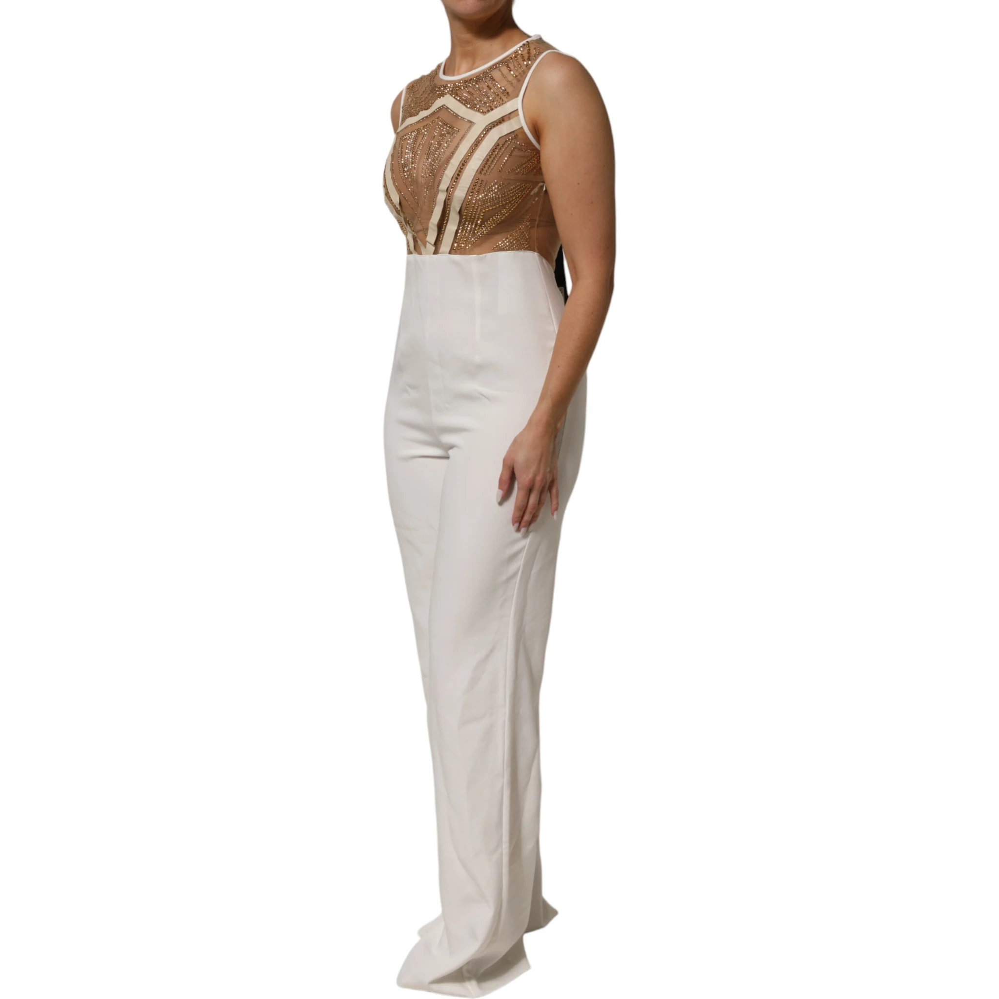White Beige Mesh Crystal Embellished Sleeveless Jumpsuit