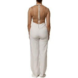 White Beige Mesh Crystal Embellished Sleeveless Jumpsuit