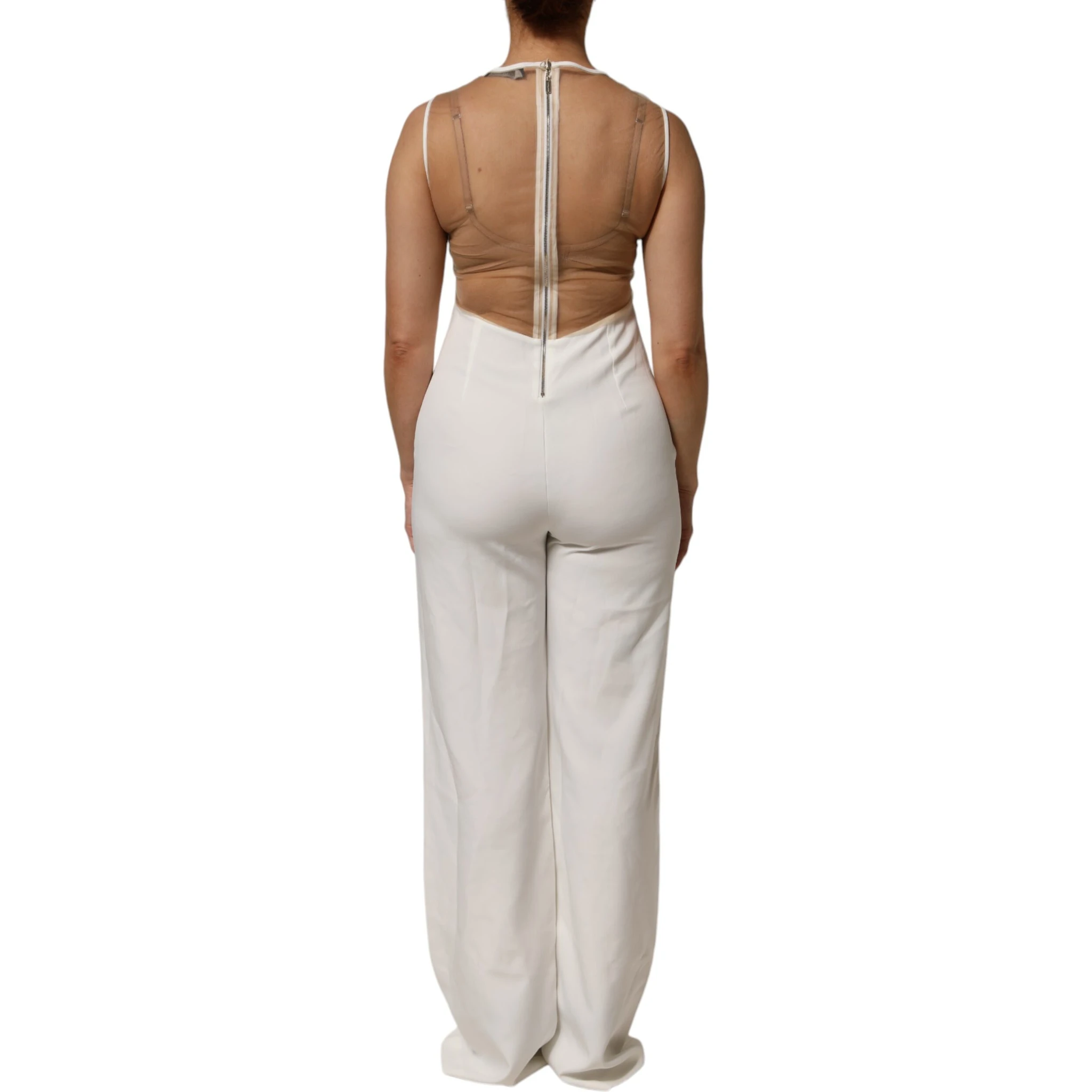 White Beige Mesh Crystal Embellished Sleeveless Jumpsuit