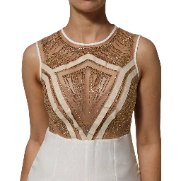 White Beige Mesh Crystal Embellished Sleeveless Jumpsuit