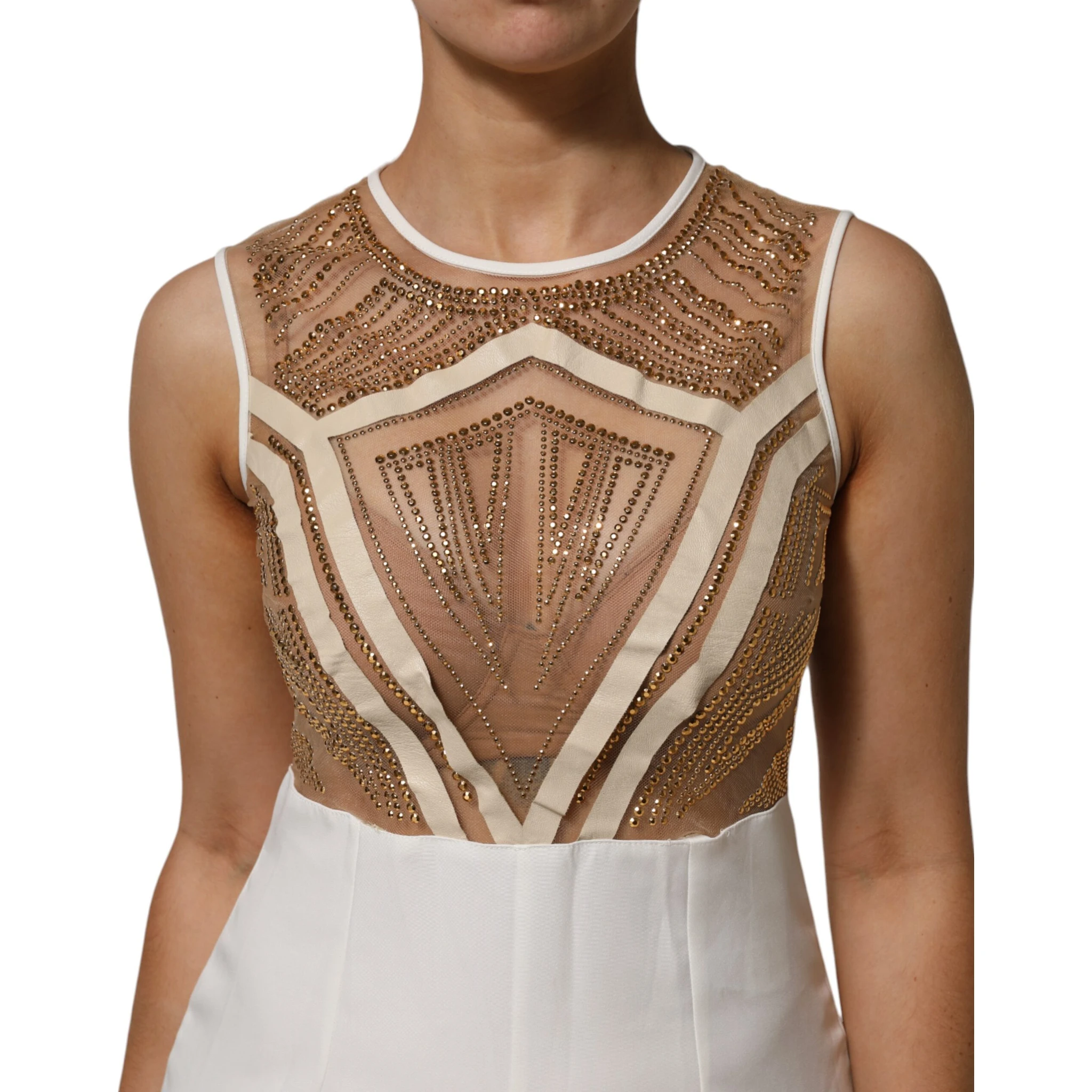 White Beige Mesh Crystal Embellished Sleeveless Jumpsuit