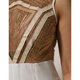 White Beige Mesh Crystal Embellished Sleeveless Jumpsuit