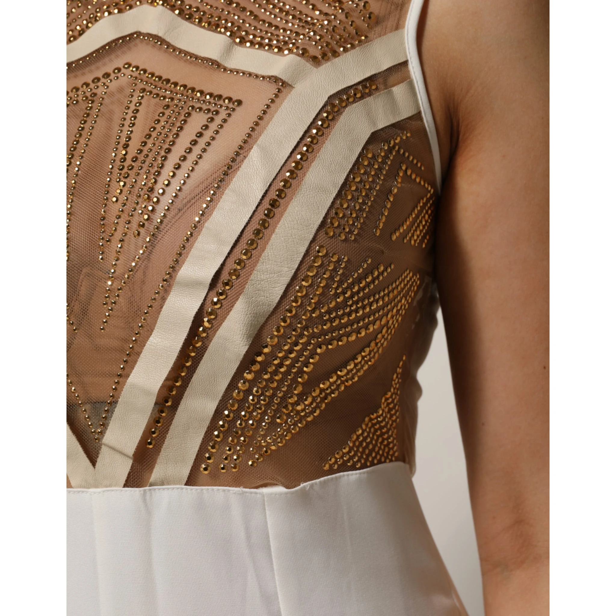 White Beige Mesh Crystal Embellished Sleeveless Jumpsuit