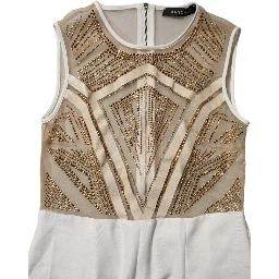 White Beige Mesh Crystal Embellished Sleeveless Jumpsuit