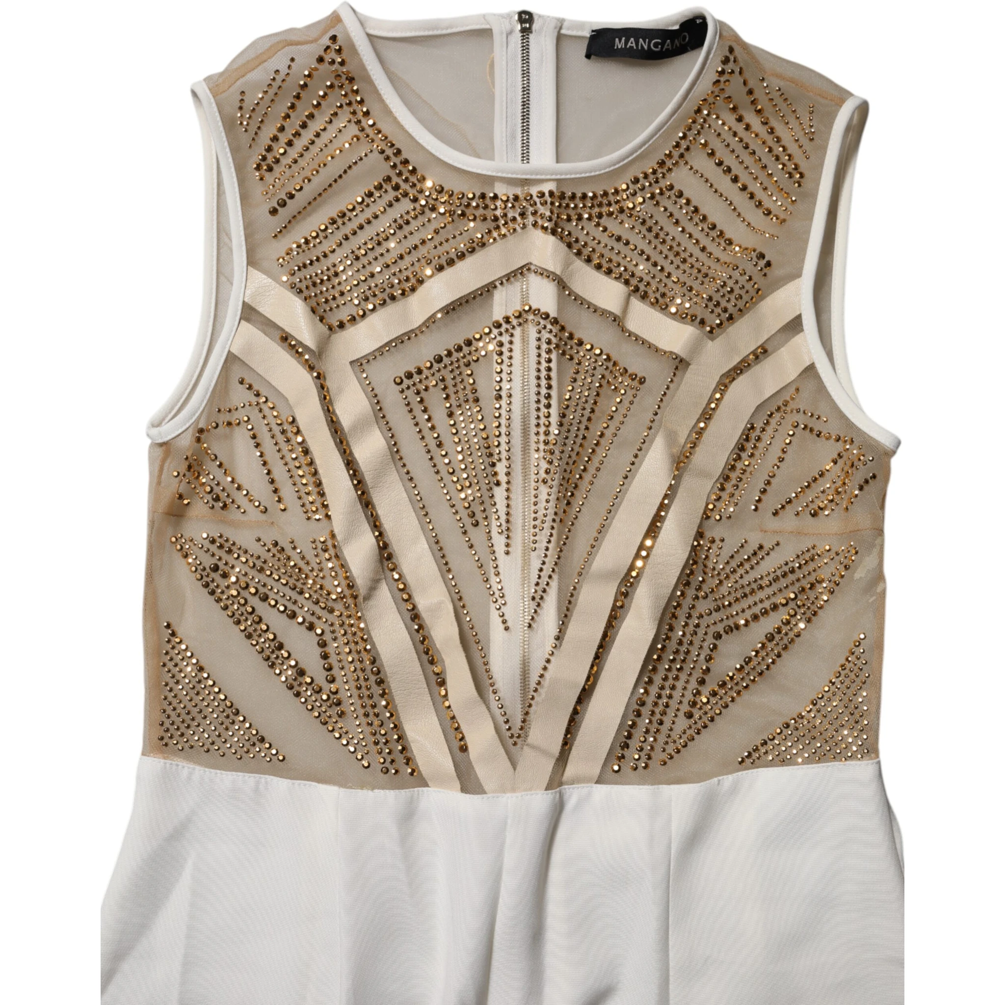 White Beige Mesh Crystal Embellished Sleeveless Jumpsuit