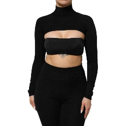 Black Viscose Turtle Neck Crop Pullover Top