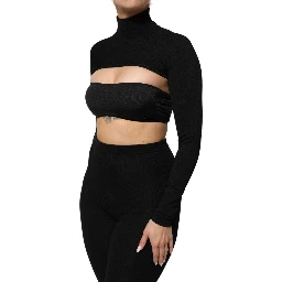 Black Viscose Turtle Neck Crop Pullover Top