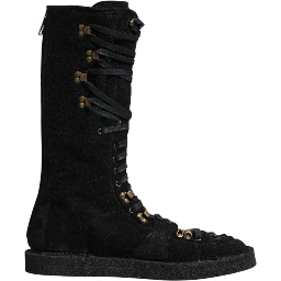 Black Alpaca Wool Suede Mid Calf Boots Shoes