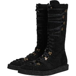 Black Alpaca Wool Suede Mid Calf Boots Shoes