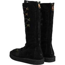 Black Alpaca Wool Suede Mid Calf Boots Shoes