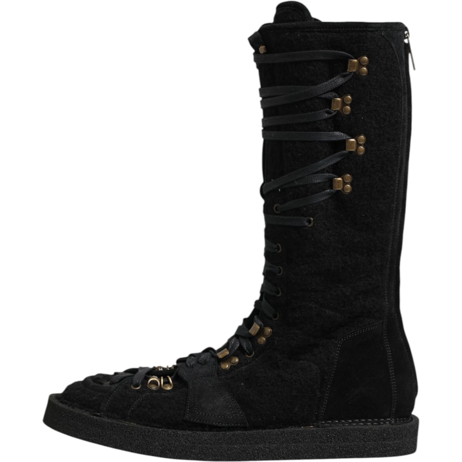 Black Alpaca Wool Suede Mid Calf Boots Shoes