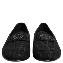 Black Brocade Crown Loafers Dress Shoes