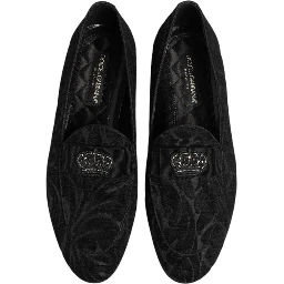 Black Brocade Crown Loafers Dress Shoes