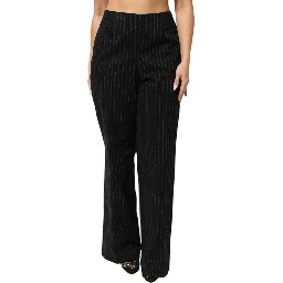 Black Wool Blend Pinstripe Straight Leg Pants
