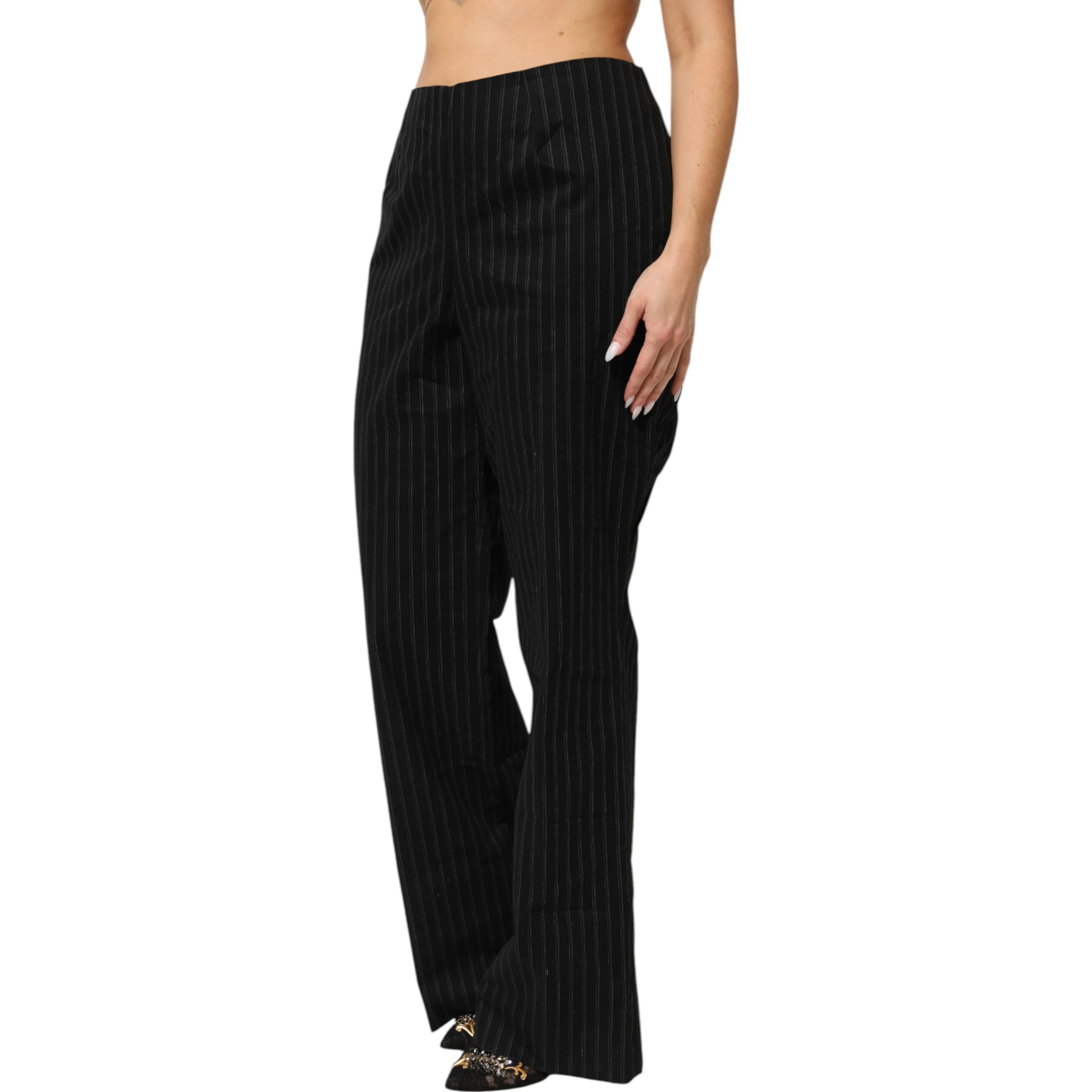 Black Wool Blend Pinstripe Straight Leg Pants