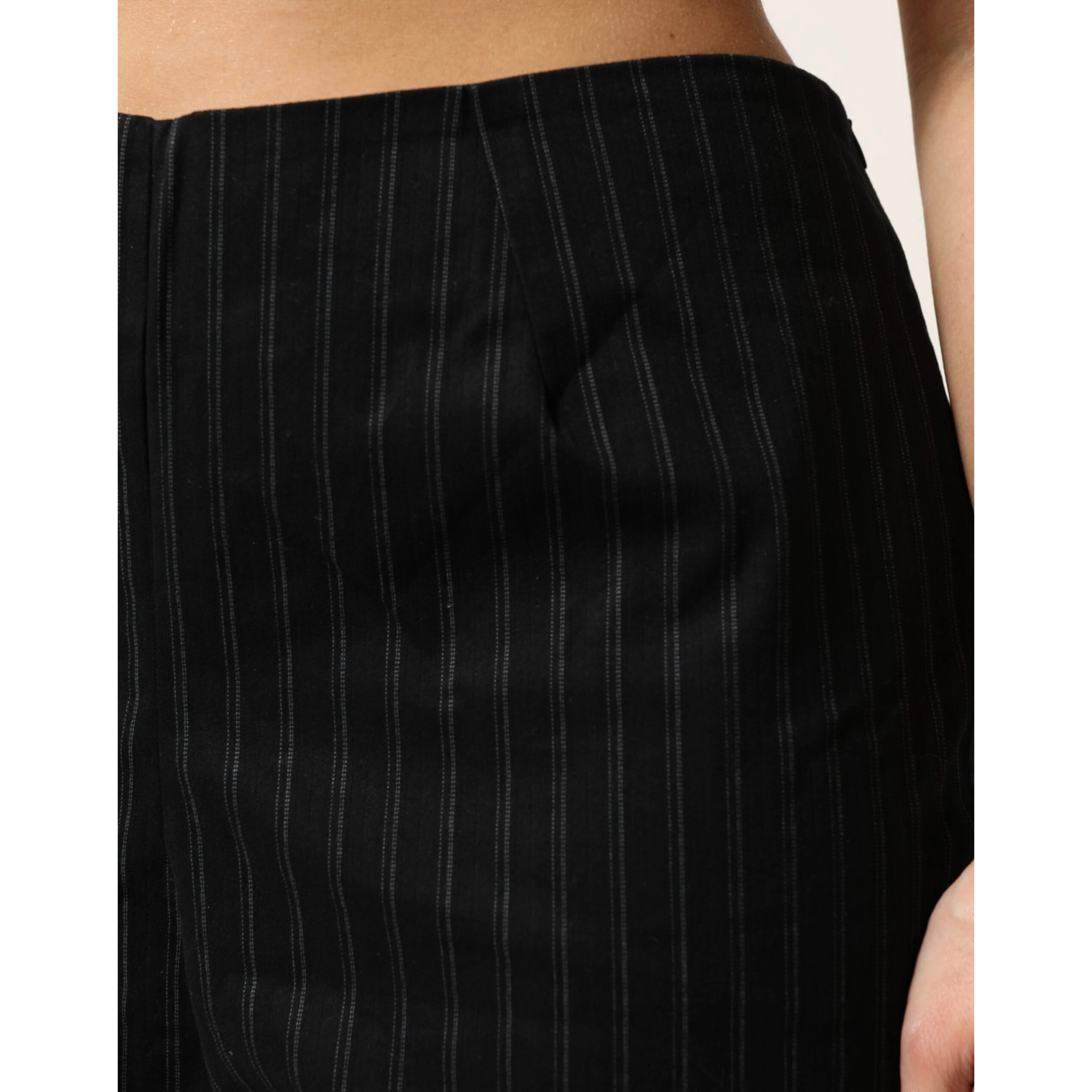 Black Wool Blend Pinstripe Straight Leg Pants