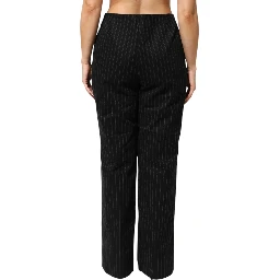 Black Wool Blend Pinstripe Straight Leg Pants