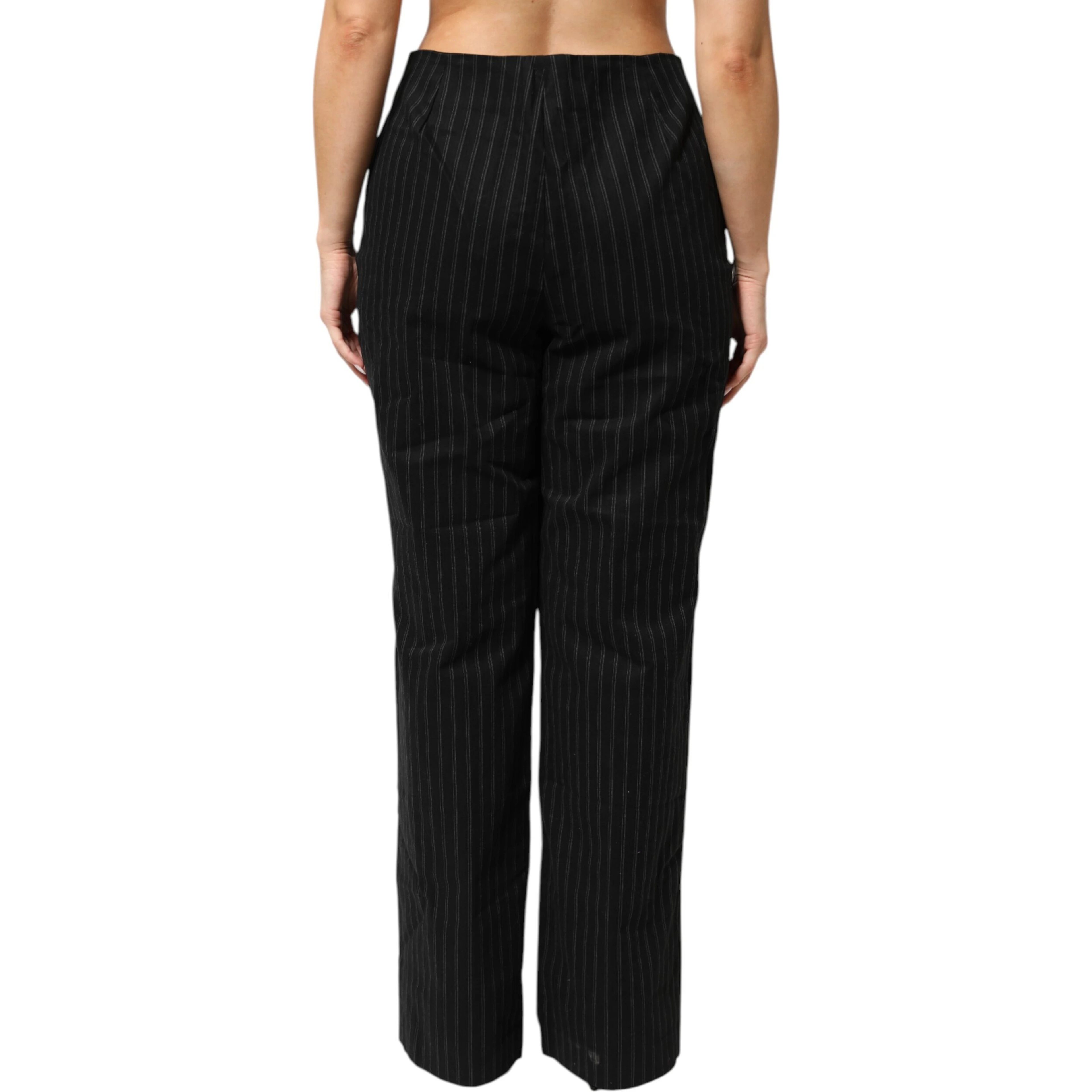 Black Wool Blend Pinstripe Straight Leg Pants