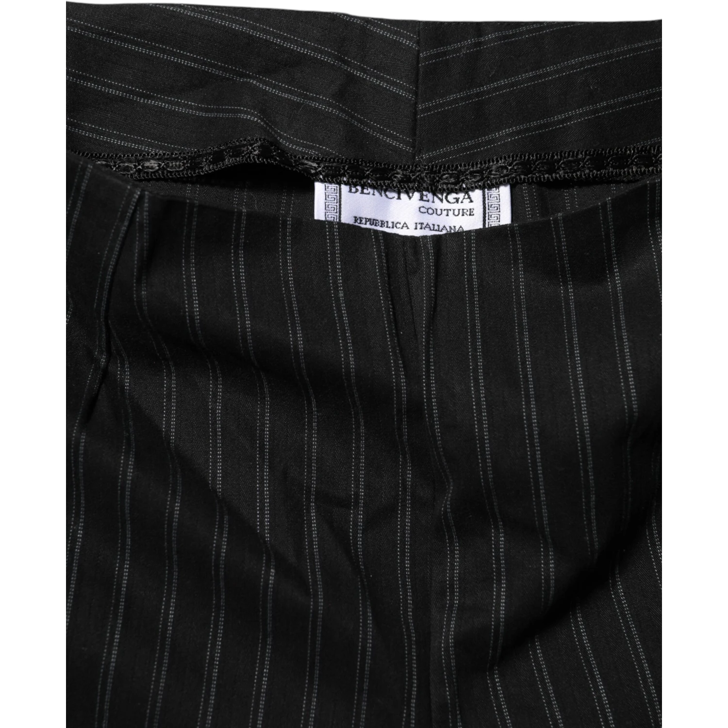 Black Wool Blend Pinstripe Straight Leg Pants