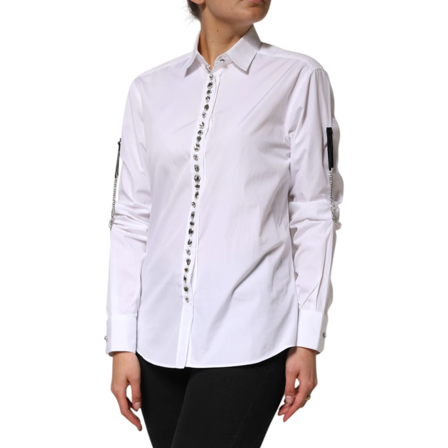 White Crystal Embellished Dress Shirt Top