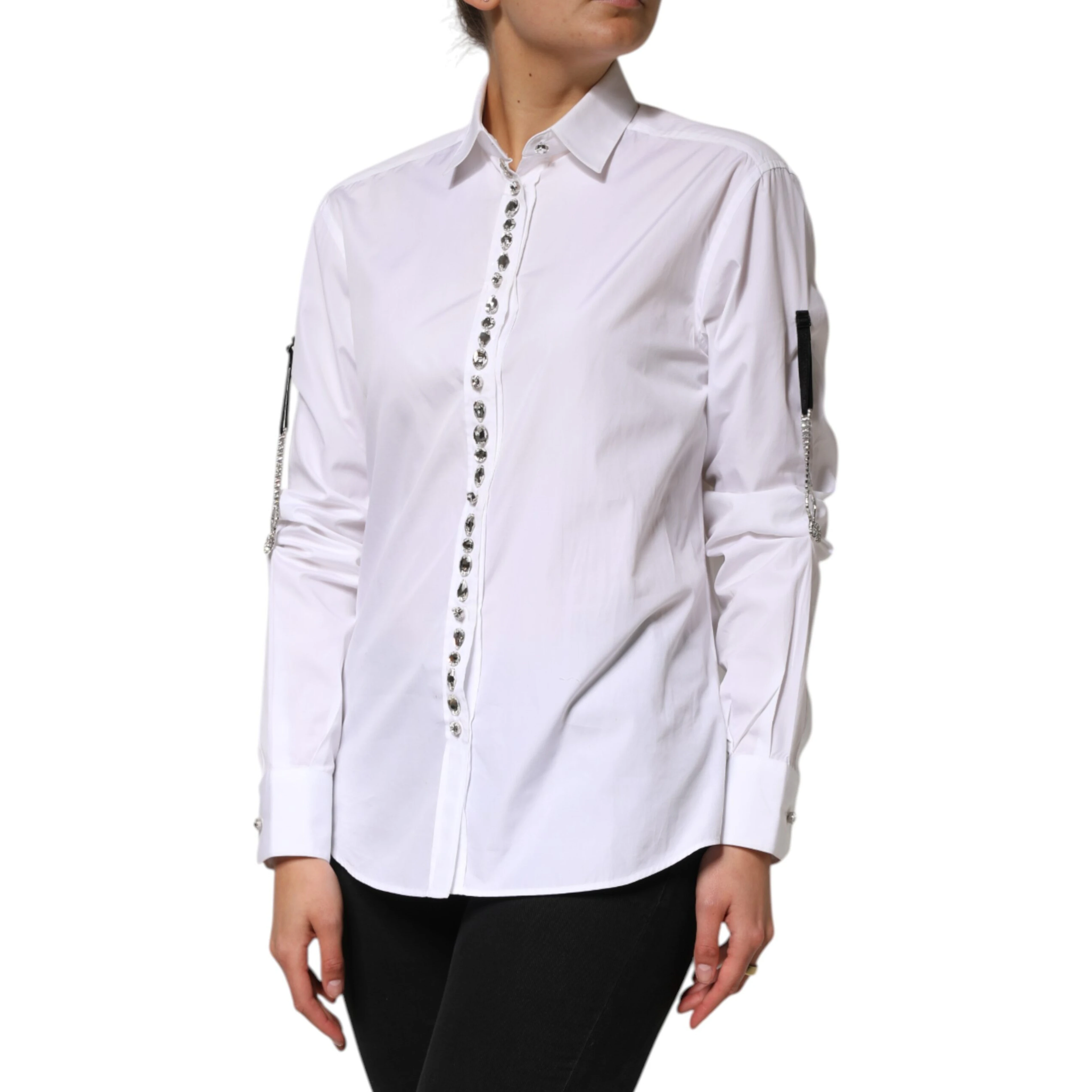 White Crystal Embellished Dress Shirt Top