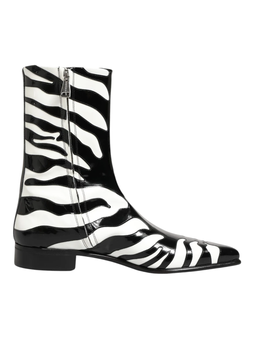 Black White Zebra Leather Mid Calf Boots Shoes