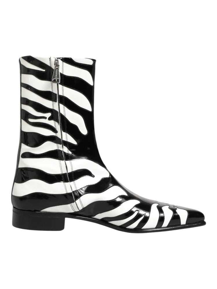Black White Zebra Leather Mid Calf Boots Shoes alternative
