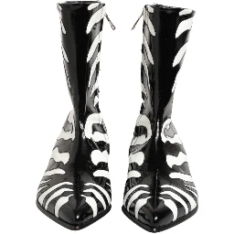 Black White Zebra Leather Mid Calf Boots Shoes