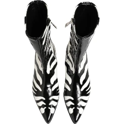 Black White Zebra Leather Mid Calf Boots Shoes
