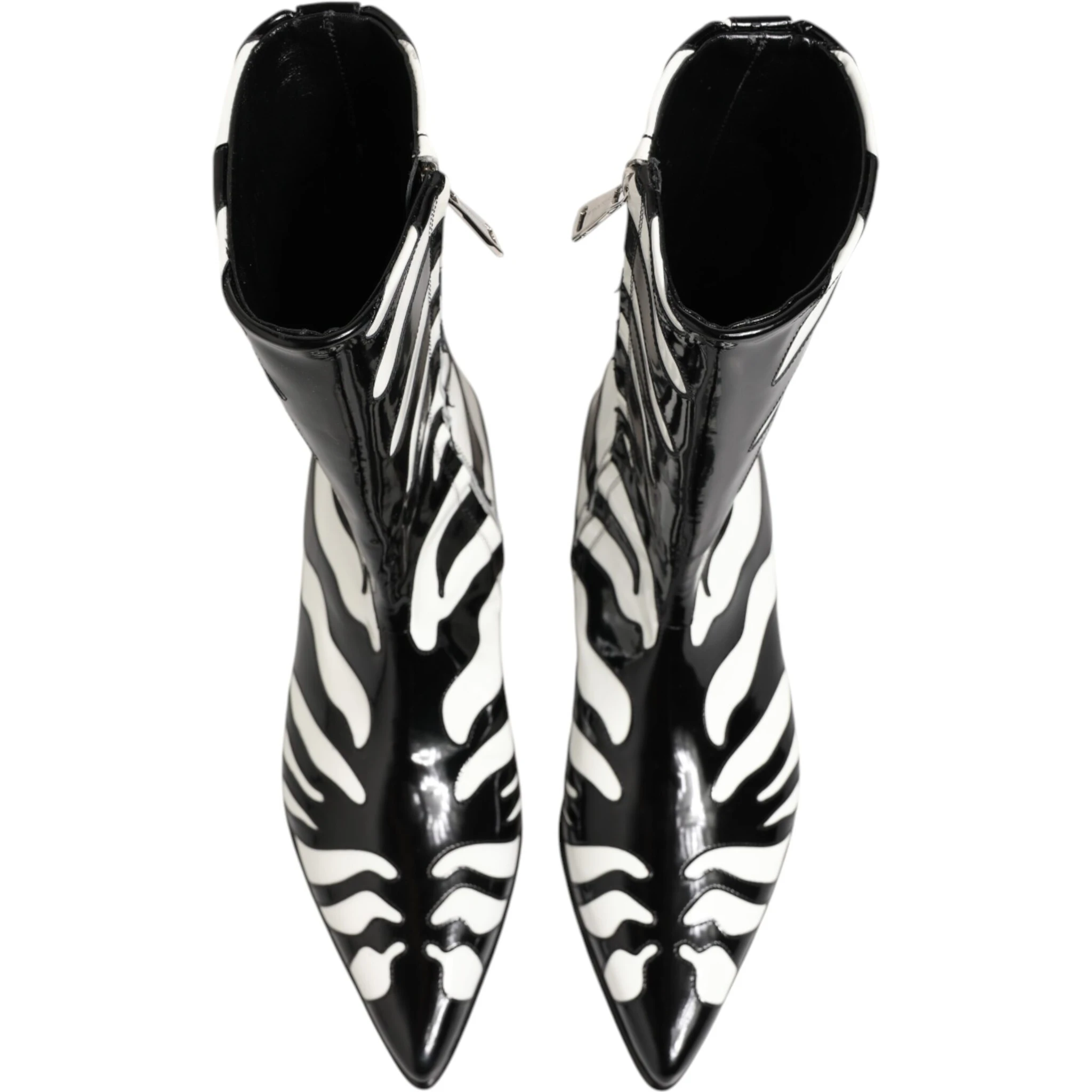 Black White Zebra Leather Mid Calf Boots Shoes