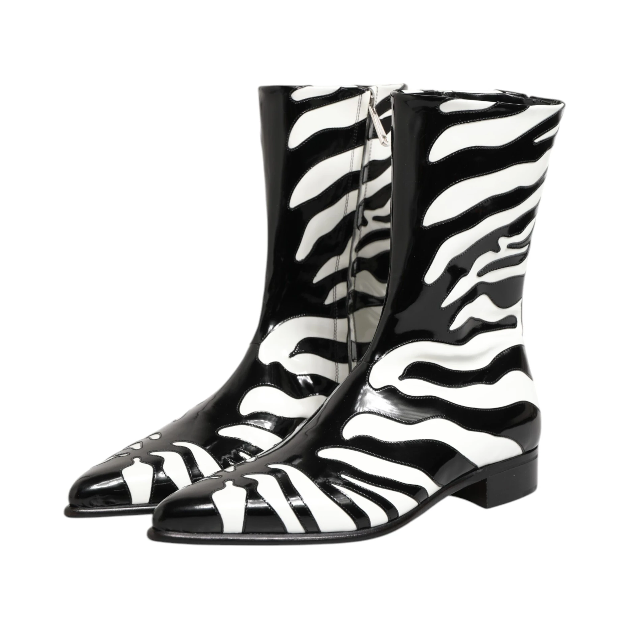 Black White Zebra Leather Mid Calf Boots Shoes