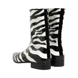 Black White Zebra Leather Mid Calf Boots Shoes