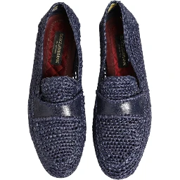 Blue Woven Leather Slip On Loafers Men Shoes