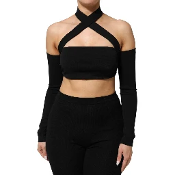 Black Viscose Halter Off Shoulder Cropped Top