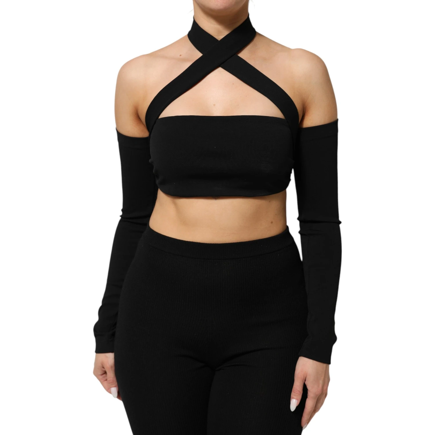Black Viscose Halter Off Shoulder Cropped Top