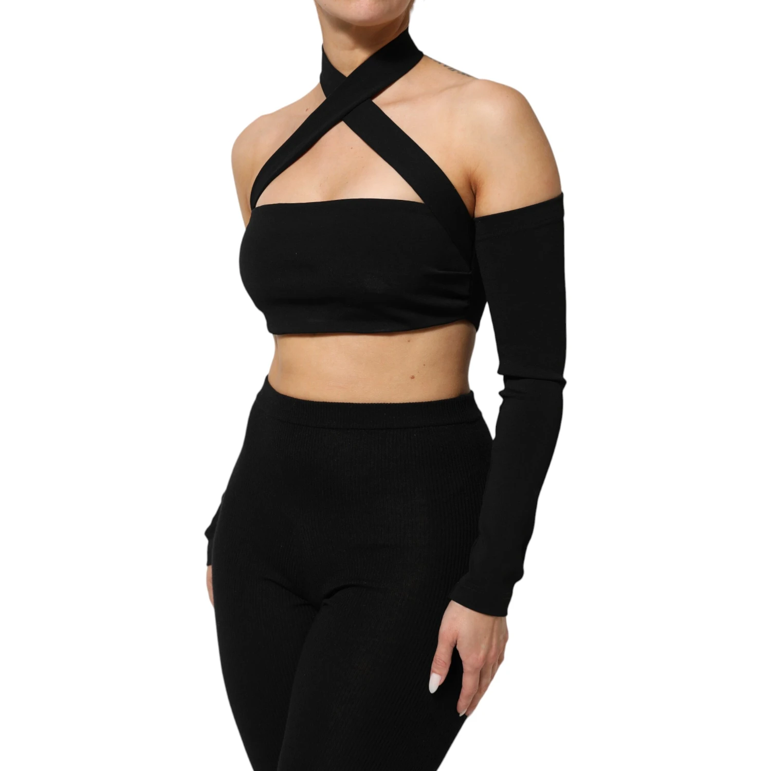 Black Viscose Halter Off Shoulder Cropped Top