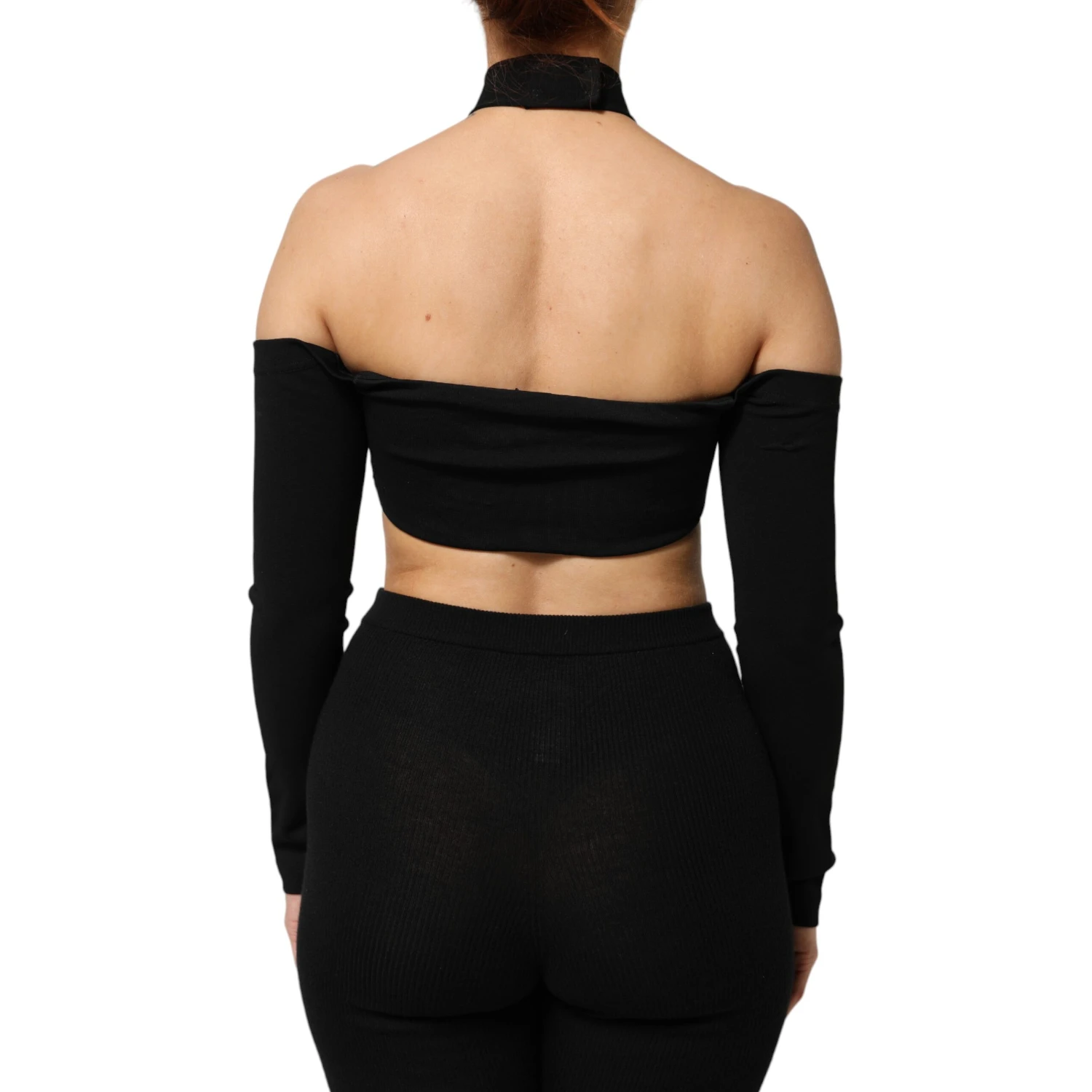 Black Viscose Halter Off Shoulder Cropped Top