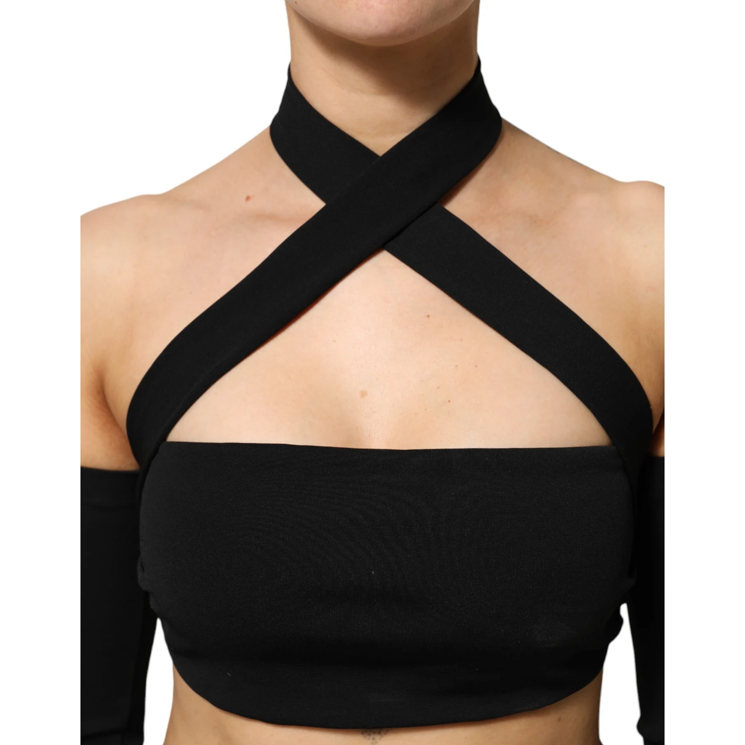Black Viscose Halter Off Shoulder Cropped Top