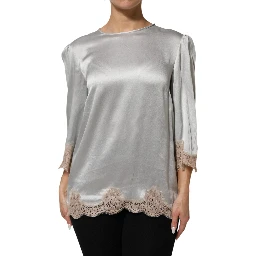 Gray Silk Satin Floral Lace Long Sleeve Top
