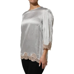 Gray Silk Satin Floral Lace Long Sleeve Top