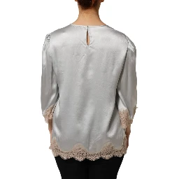 Gray Silk Satin Floral Lace Long Sleeve Top