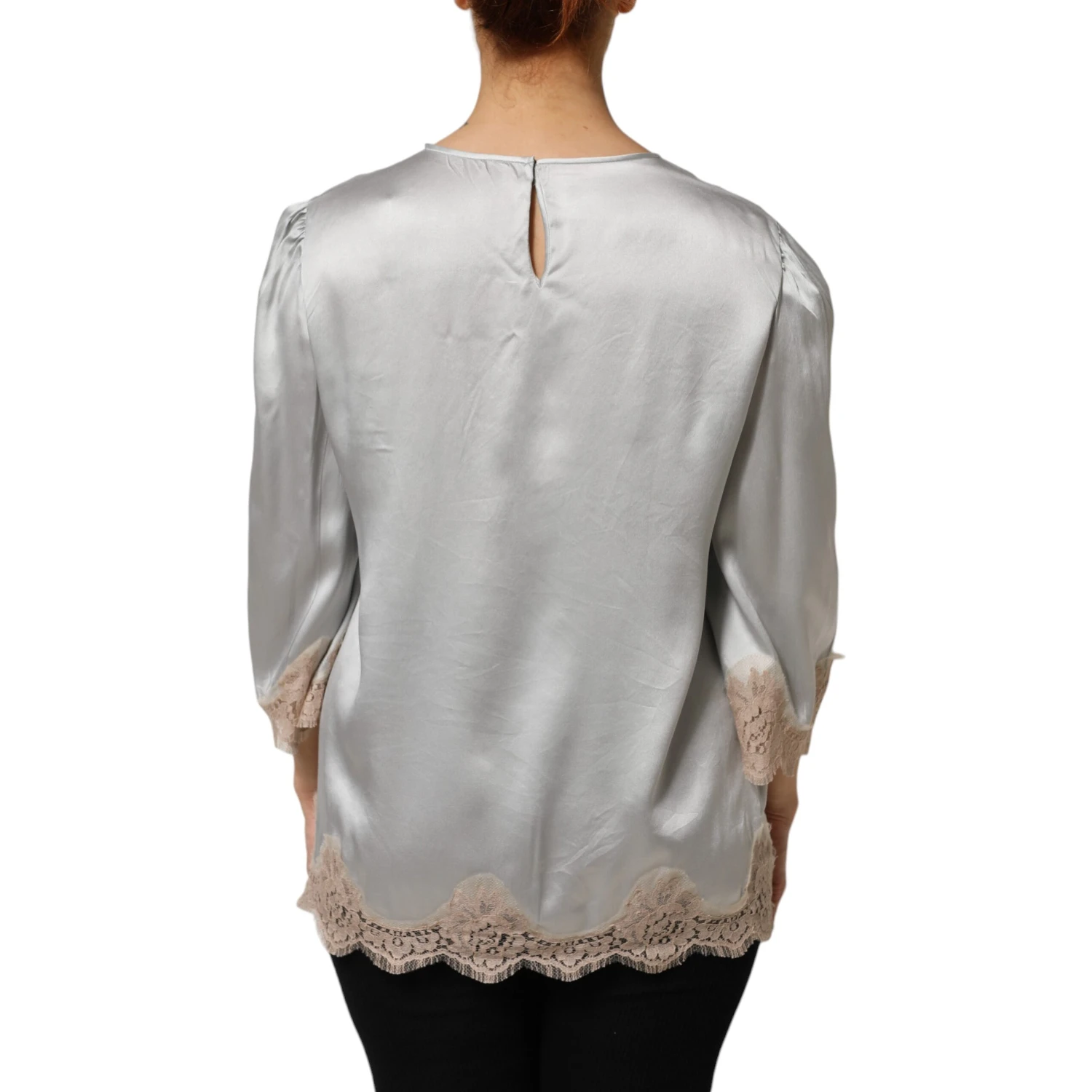 Gray Silk Satin Floral Lace Long Sleeve Top
