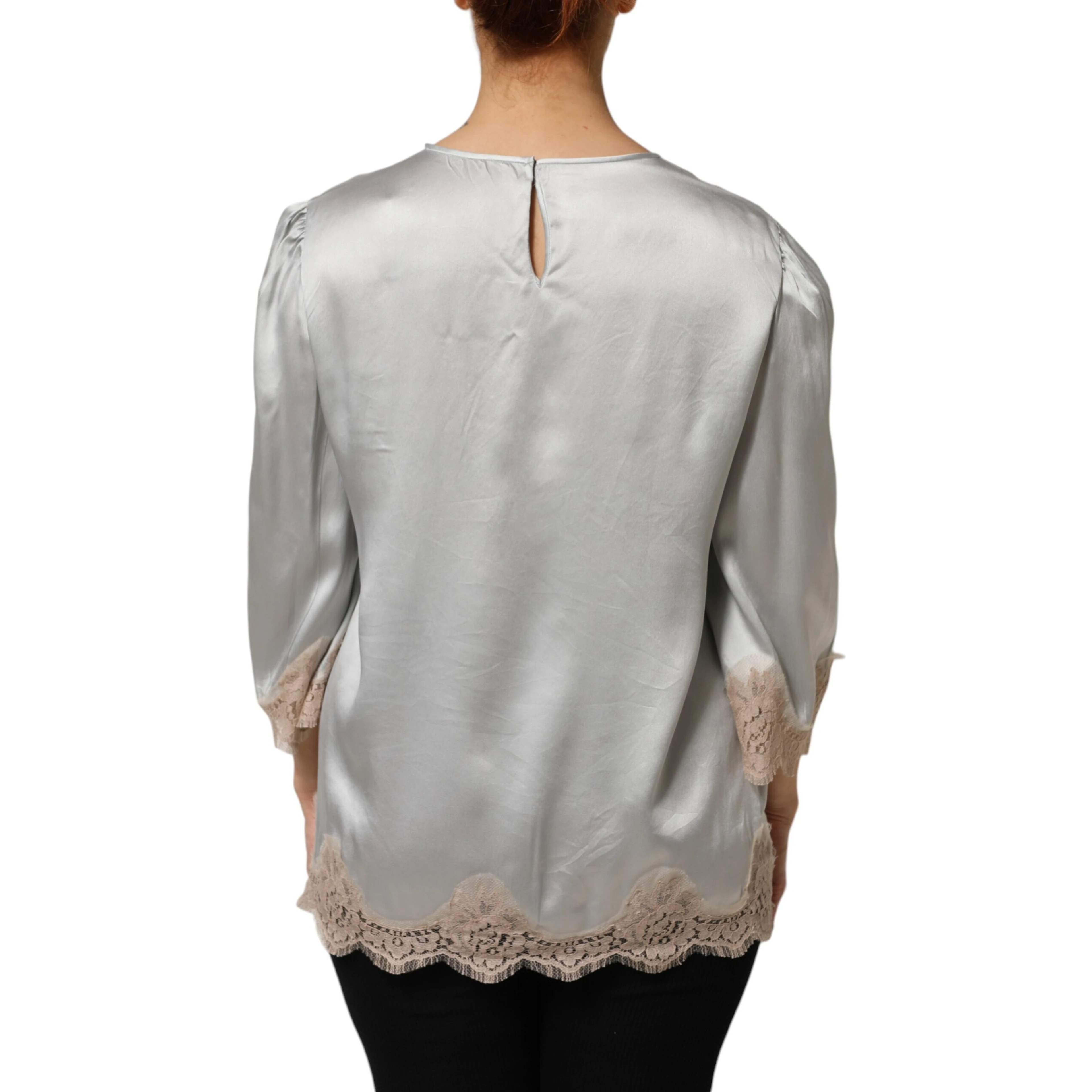 Gray Silk Satin Floral Lace Long Sleeve Top