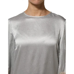 Gray Silk Satin Floral Lace Long Sleeve Top