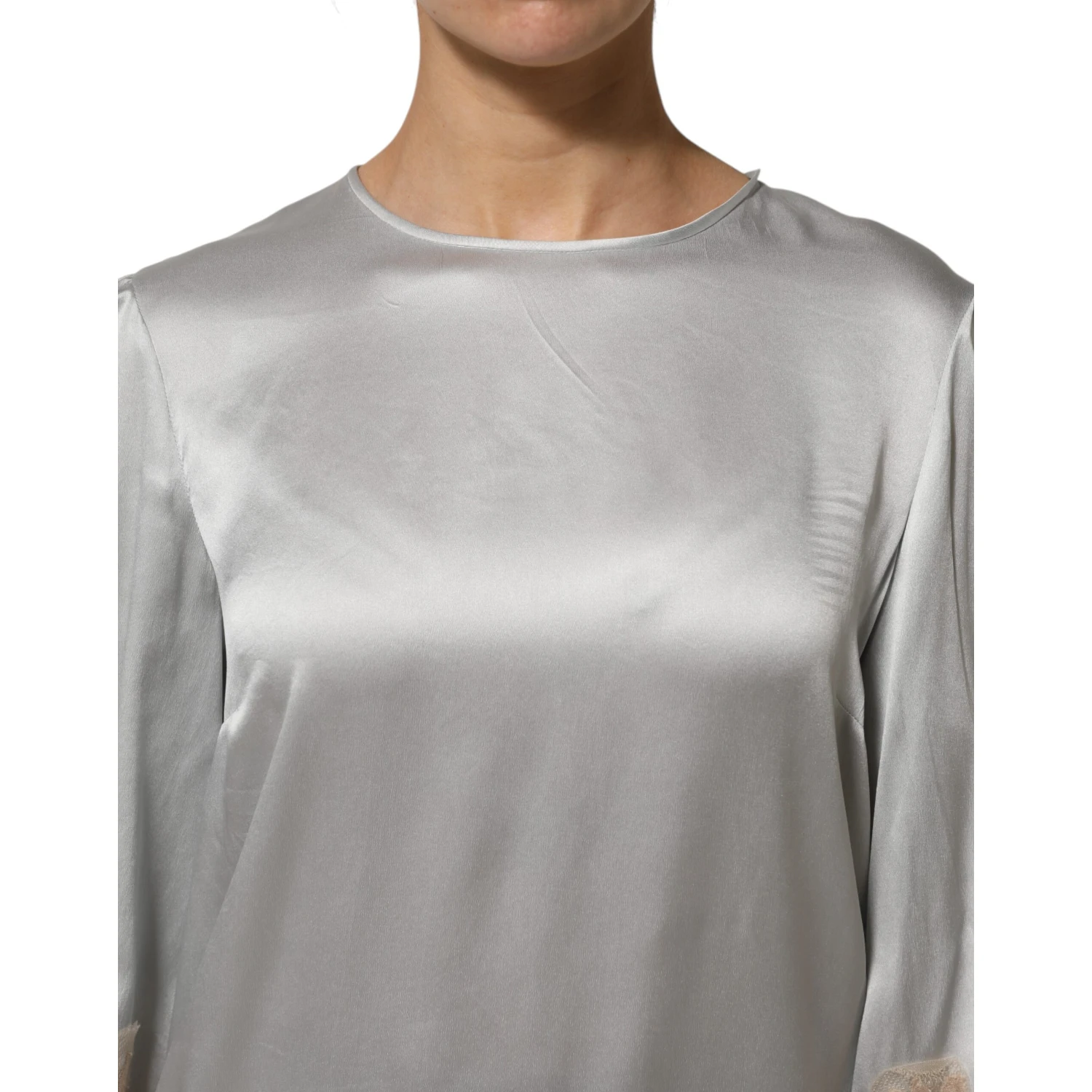 Gray Silk Satin Floral Lace Long Sleeve Top