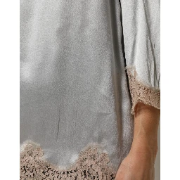 Gray Silk Satin Floral Lace Long Sleeve Top