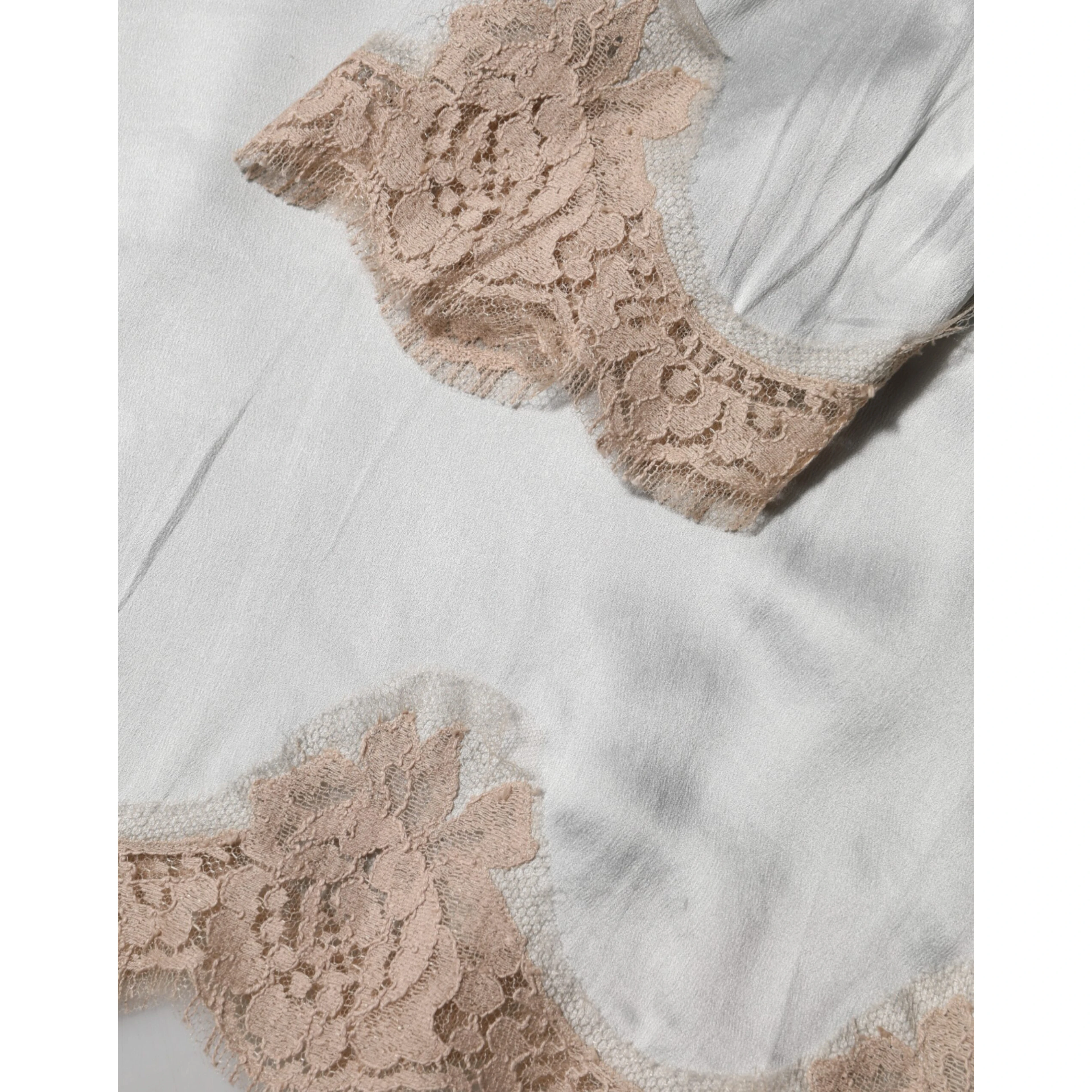 Gray Silk Satin Floral Lace Long Sleeve Top