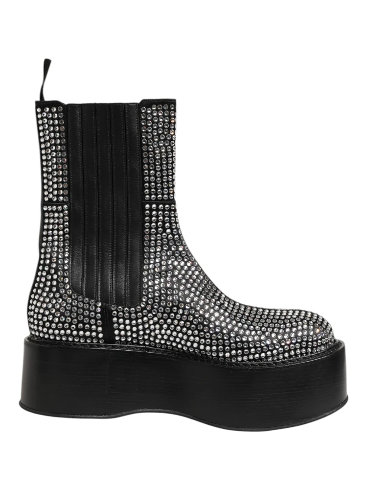 Black Crystal Strass Mid Calf Short Boots  Shoes