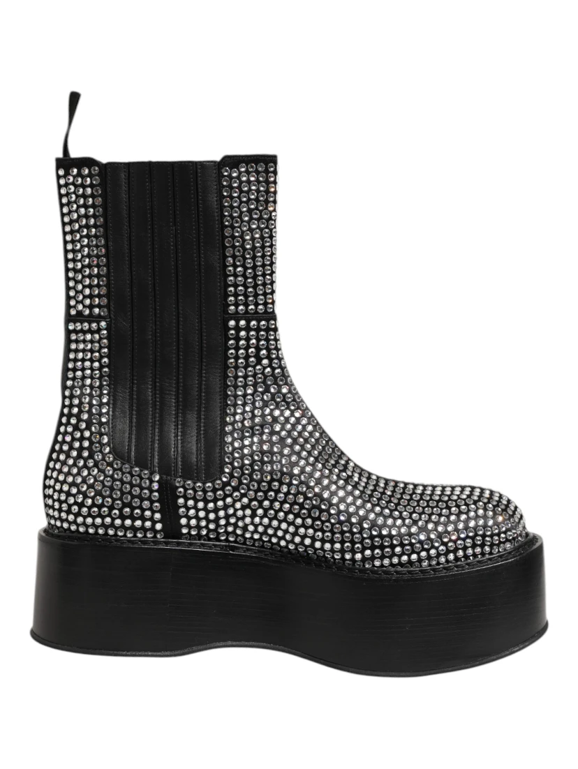 Black Crystal Strass Mid Calf Short Boots  Shoes