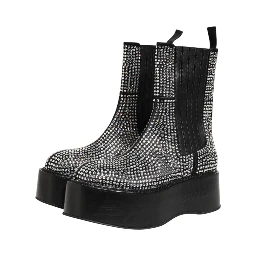 Black Crystal Strass Mid Calf Short Boots  Shoes